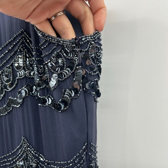 PISARRO NIGHTS Navy Blue Silk Beaded Sequin Cocktail Mother Of The Bride Dress 6 - Picture 6 of 8